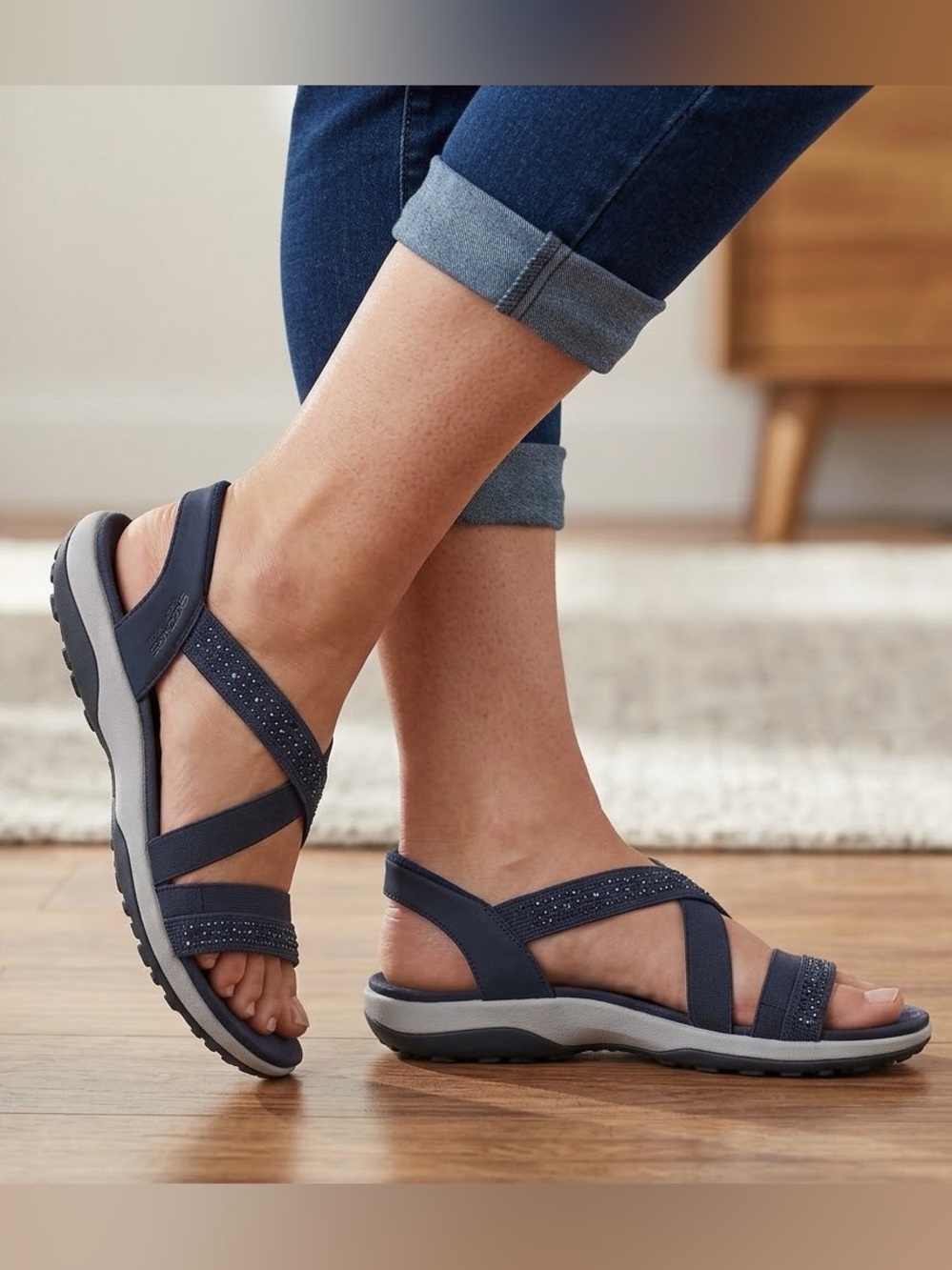 Skechers Slip-Ins Reggae Slim Summer Sparkle Sandals Navy Blue Size 9 Like New